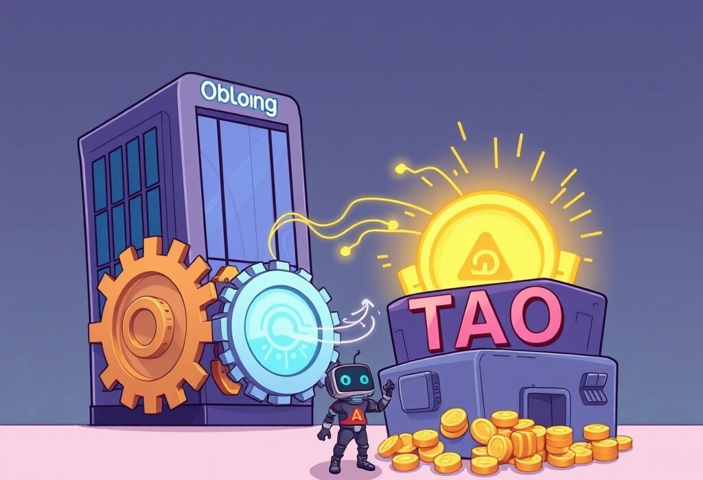 A cartoon illustration showing Oblong's innovative Oblong TAO staking initiative for a decentralized AI treasury.