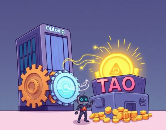 A cartoon illustration showing Oblong's innovative Oblong TAO staking initiative for a decentralized AI treasury.