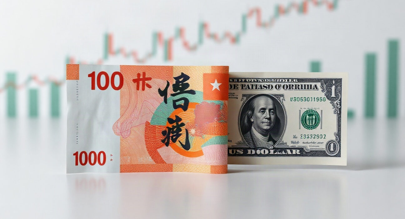 Chinese Yuan and US Dollar banknotes on a neutral surface with a blurred financial chart background