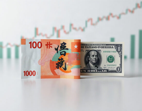 Chinese Yuan and US Dollar banknotes on a neutral surface with a blurred financial chart background