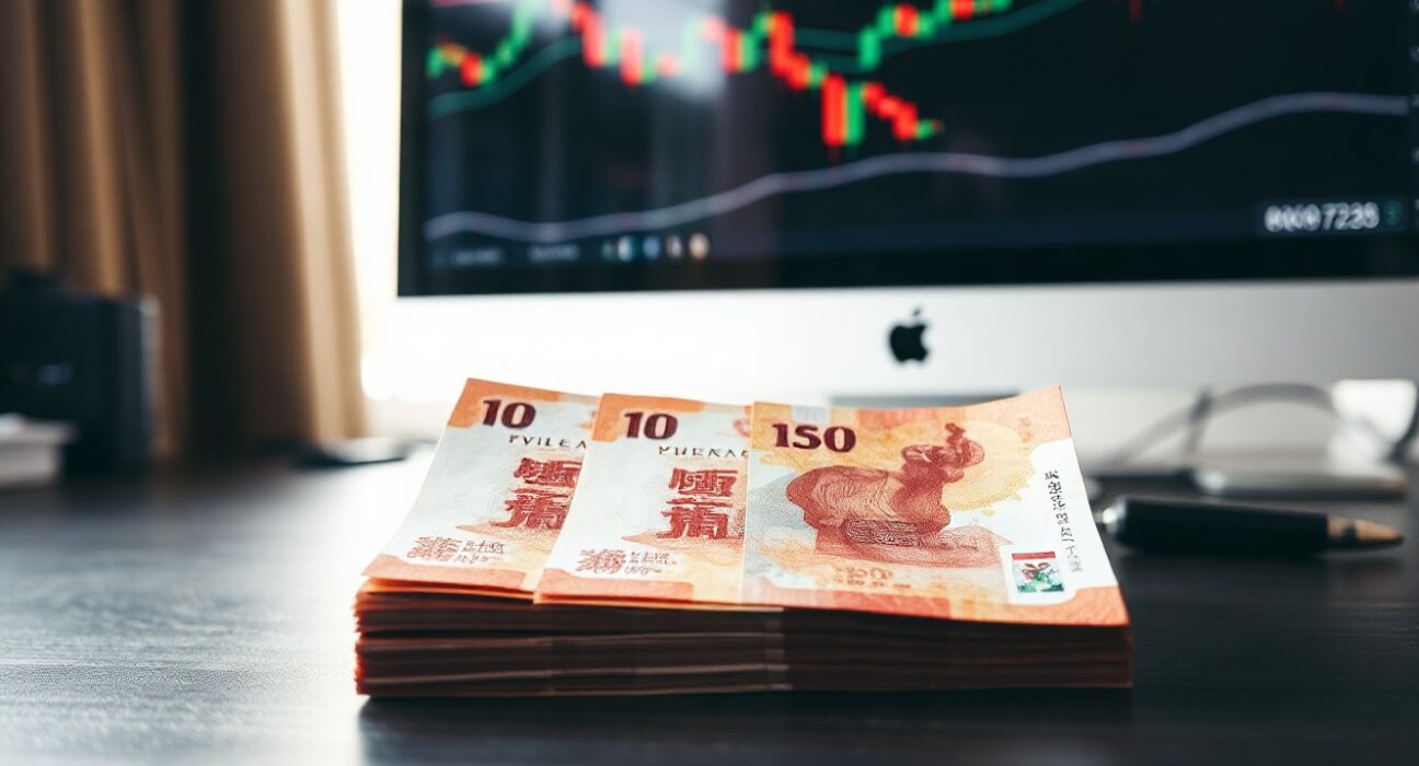 Chinese Yuan banknotes on a desk with a financial chart in the background.