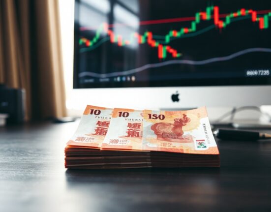 Chinese Yuan banknotes on a desk with a financial chart in the background.