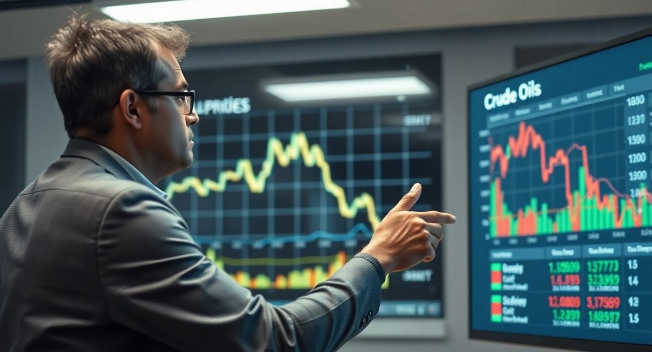 Financial analyst pointing at a digital screen showing a downward oil price chart