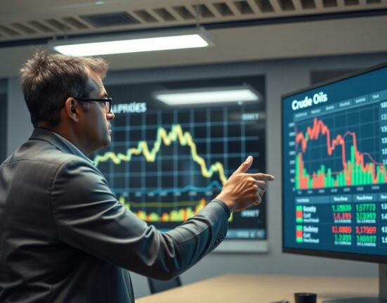 Financial analyst pointing at a digital screen showing a downward oil price chart