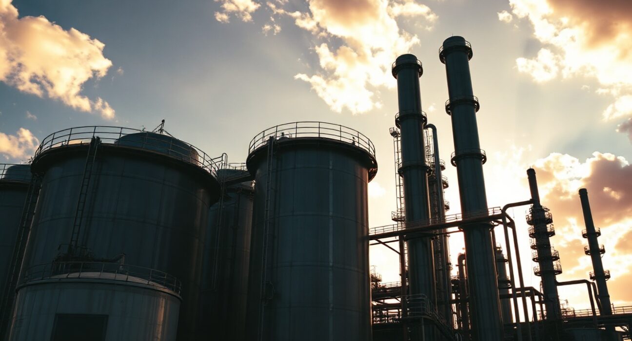 Oil refinery at sunset with storage tanks and distillation columns