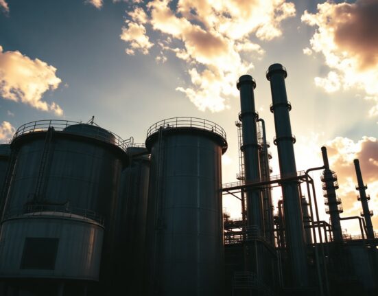 Oil refinery at sunset with storage tanks and distillation columns