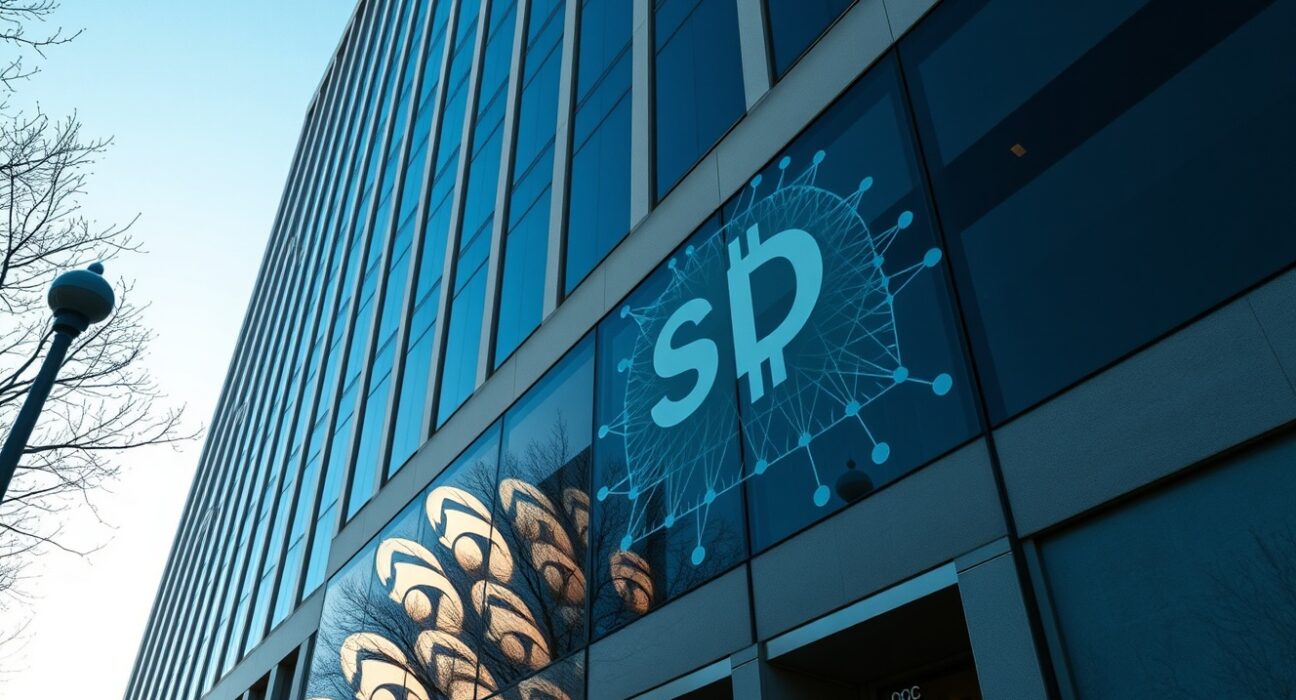 Exterior of the OCC headquarters building in Washington D.C. with digital blockchain overlay representing stablecoin regulation.