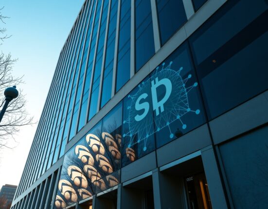 Exterior of the OCC headquarters building in Washington D.C. with digital blockchain overlay representing stablecoin regulation.