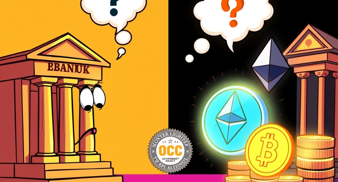 Cartoon illustration of banking groups opposing OCC crypto charters for financial stability concerns