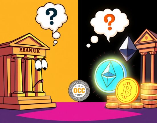 Cartoon illustration of banking groups opposing OCC crypto charters for financial stability concerns