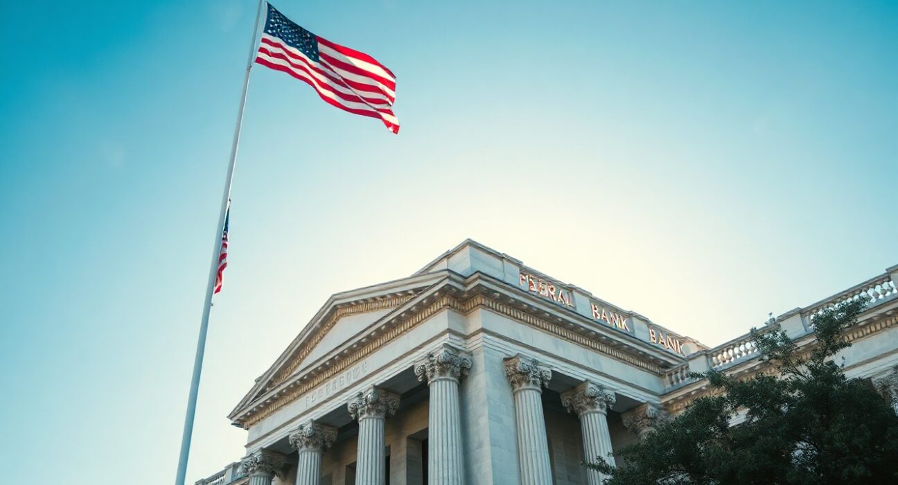 Federal bank building in Washington D.C. with digital overlay symbolizing crypto banking regulation