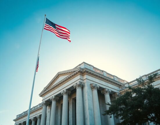 Federal bank building in Washington D.C. with digital overlay symbolizing crypto banking regulation