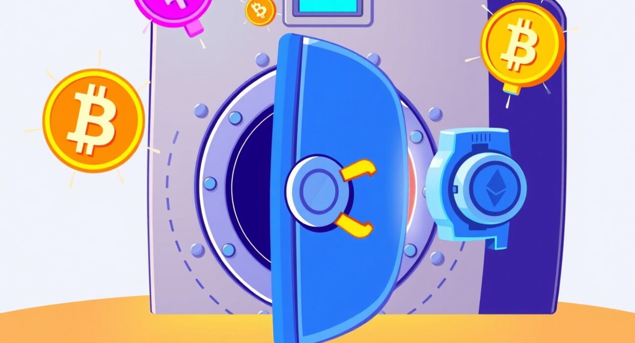 A secure cartoon vault symbolizing new trust bank charters for cryptocurrency companies.