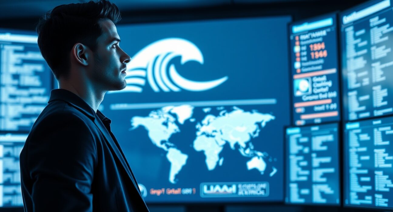Founder Shay Shwartz standing in a modern cybersecurity command center with a digital ocean wave symbol on screen