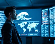 Founder Shay Shwartz standing in a modern cybersecurity command center with a digital ocean wave symbol on screen