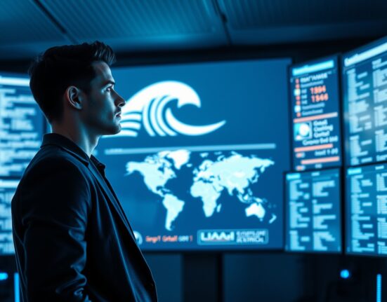 Founder Shay Shwartz standing in a modern cybersecurity command center with a digital ocean wave symbol on screen
