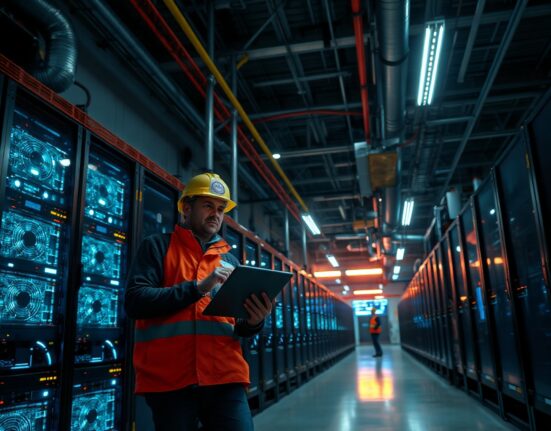 Technician inspecting Bitcoin mining rigs at OCEAN mining facility after hash rate misdirection incident