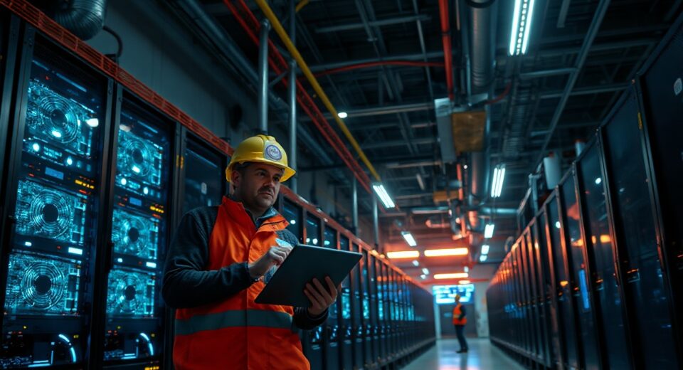 Technician inspecting Bitcoin mining rigs at OCEAN mining facility after hash rate misdirection incident
