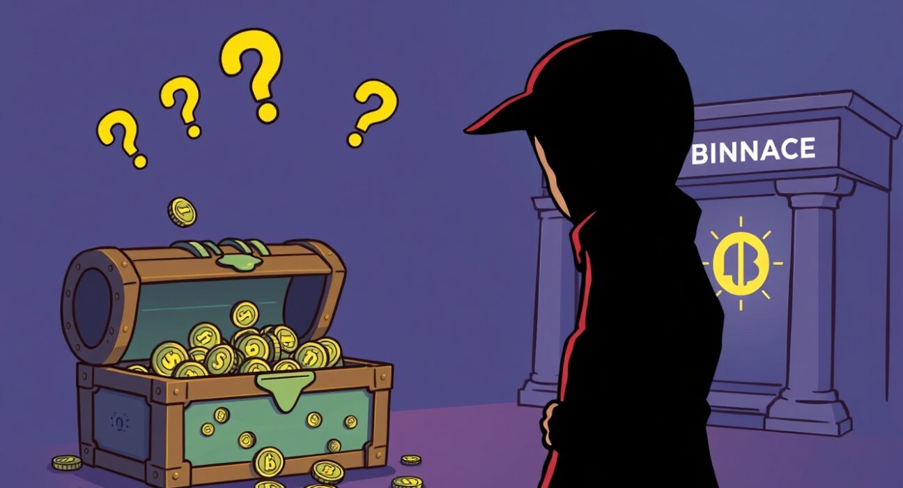 A cartoon illustration showing lingering suspicion around Ocean Protocol and alleged FET movements, highlighting investor concern.