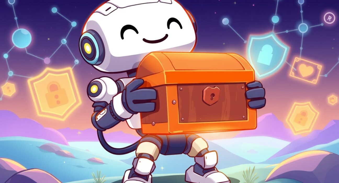 Futuristic robot securing digital treasure chest representing the Octra public token sale opportunity