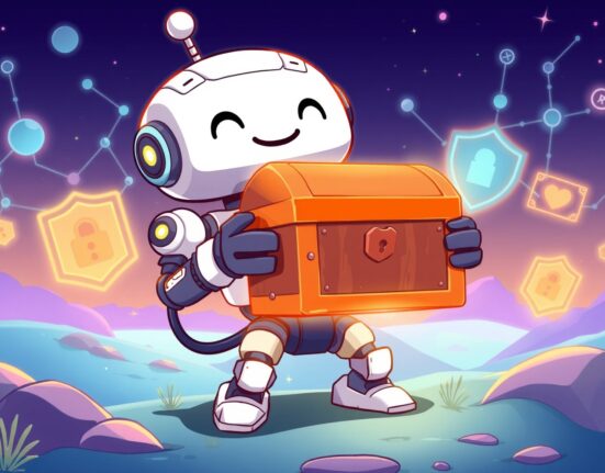 Futuristic robot securing digital treasure chest representing the Octra public token sale opportunity