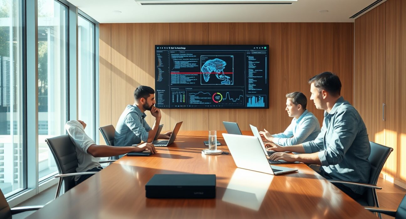Team of AI engineers collaborating in a modern boardroom with data screens