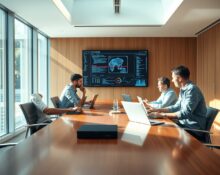 Team of AI engineers collaborating in a modern boardroom with data screens