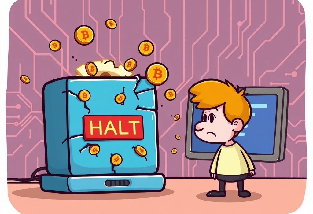 Cartoon showing a cracked digital platform and disappearing Bitcoin, symbolizing the Odin.fun trading halt due to a suspected crypto platform vulnerability.