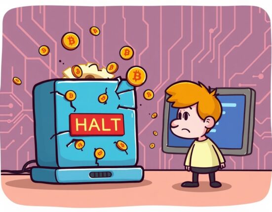 Cartoon showing a cracked digital platform and disappearing Bitcoin, symbolizing the Odin.fun trading halt due to a suspected crypto platform vulnerability.