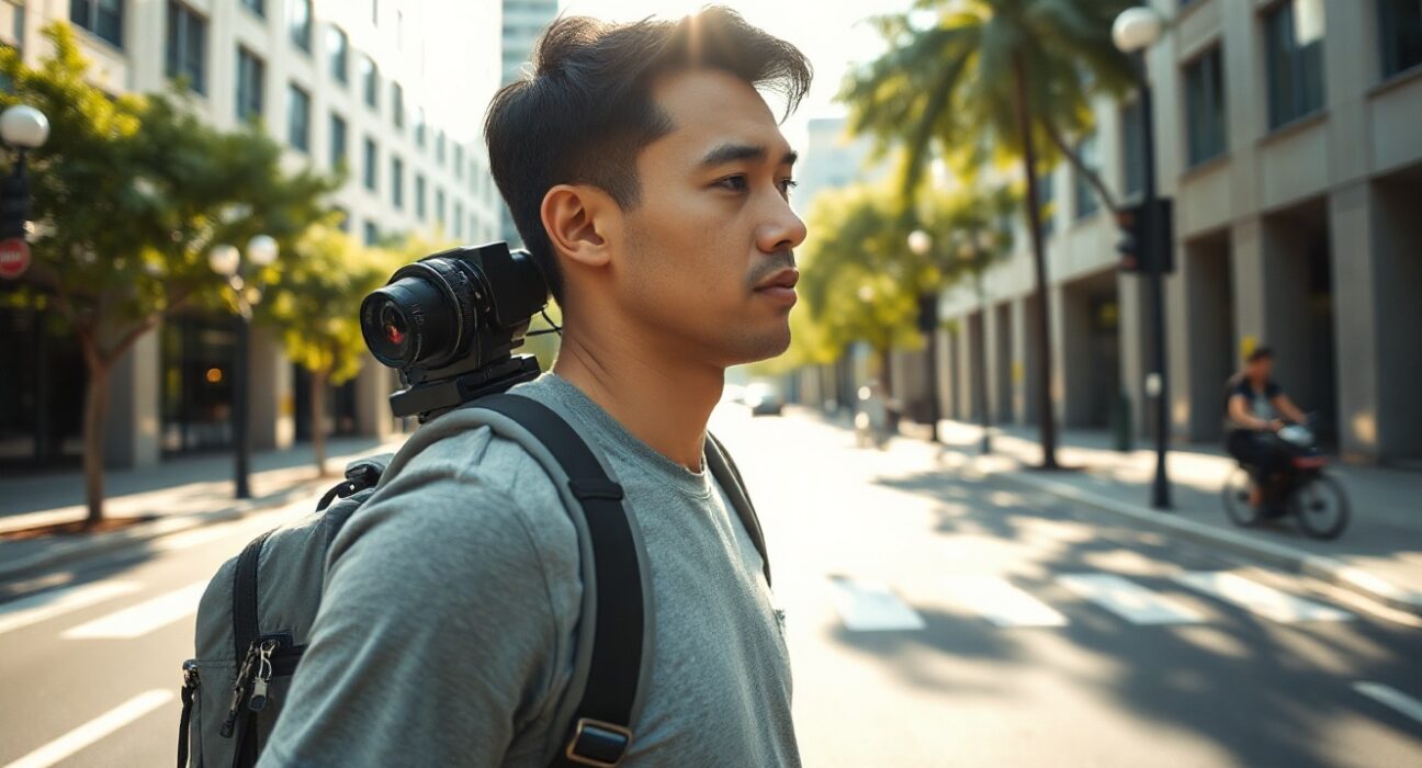 A person wearing a backpack-mounted camera rig for collecting world model data walks through a sunlit urban street.