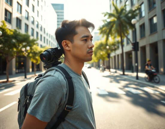 A person wearing a backpack-mounted camera rig for collecting world model data walks through a sunlit urban street.