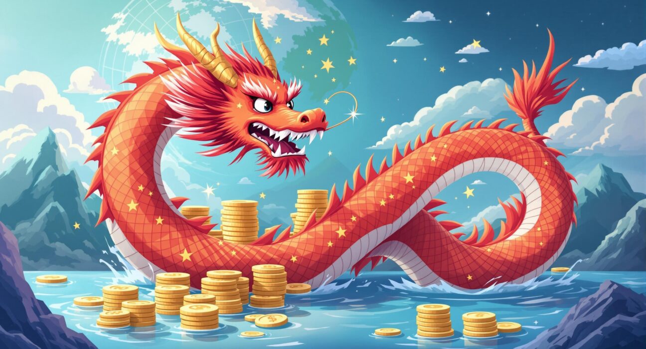 A cartoon illustration depicting offshore yuan stablecoins as a vital tool for China's global financial expansion.
