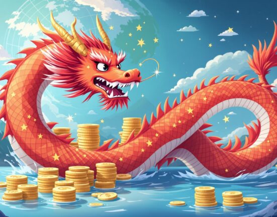 A cartoon illustration depicting offshore yuan stablecoins as a vital tool for China's global financial expansion.