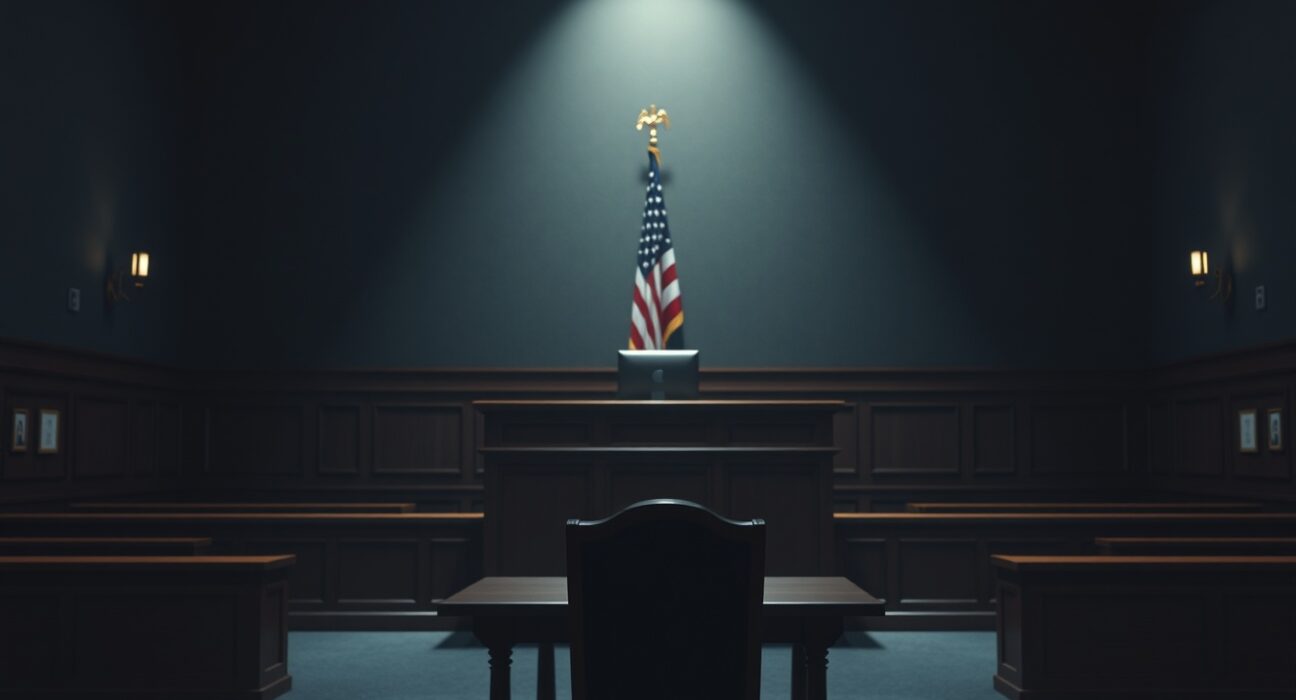 Empty courtroom with judge's bench and American flag, representing a criminal sentencing for a crypto Ponzi scheme.