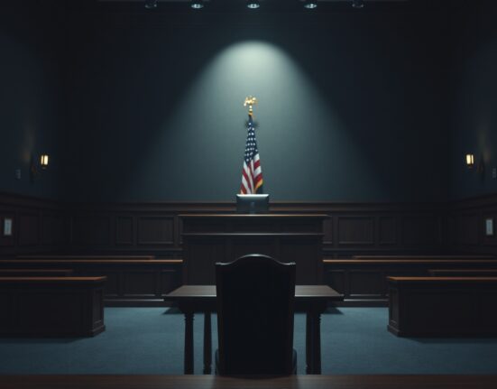 Empty courtroom with judge's bench and American flag, representing a criminal sentencing for a crypto Ponzi scheme.