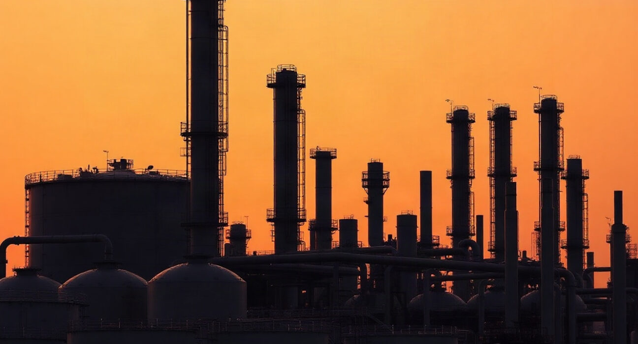 Oil refinery at dusk with storage tanks, symbolizing global crude supply amid Iran sanctions.