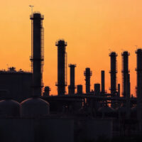 Oil refinery at dusk with storage tanks, symbolizing global crude supply amid Iran sanctions.