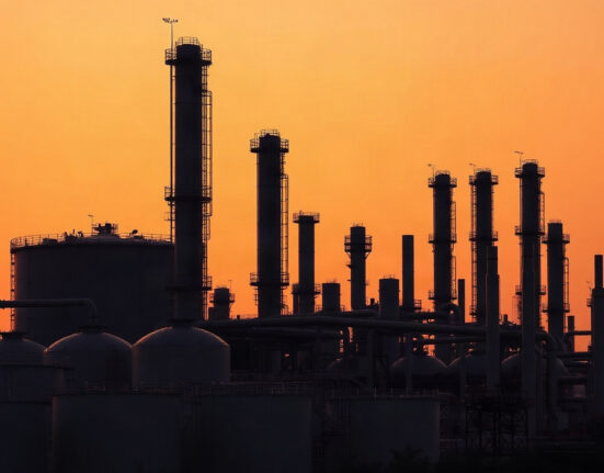 Oil refinery at dusk with storage tanks, symbolizing global crude supply amid Iran sanctions.