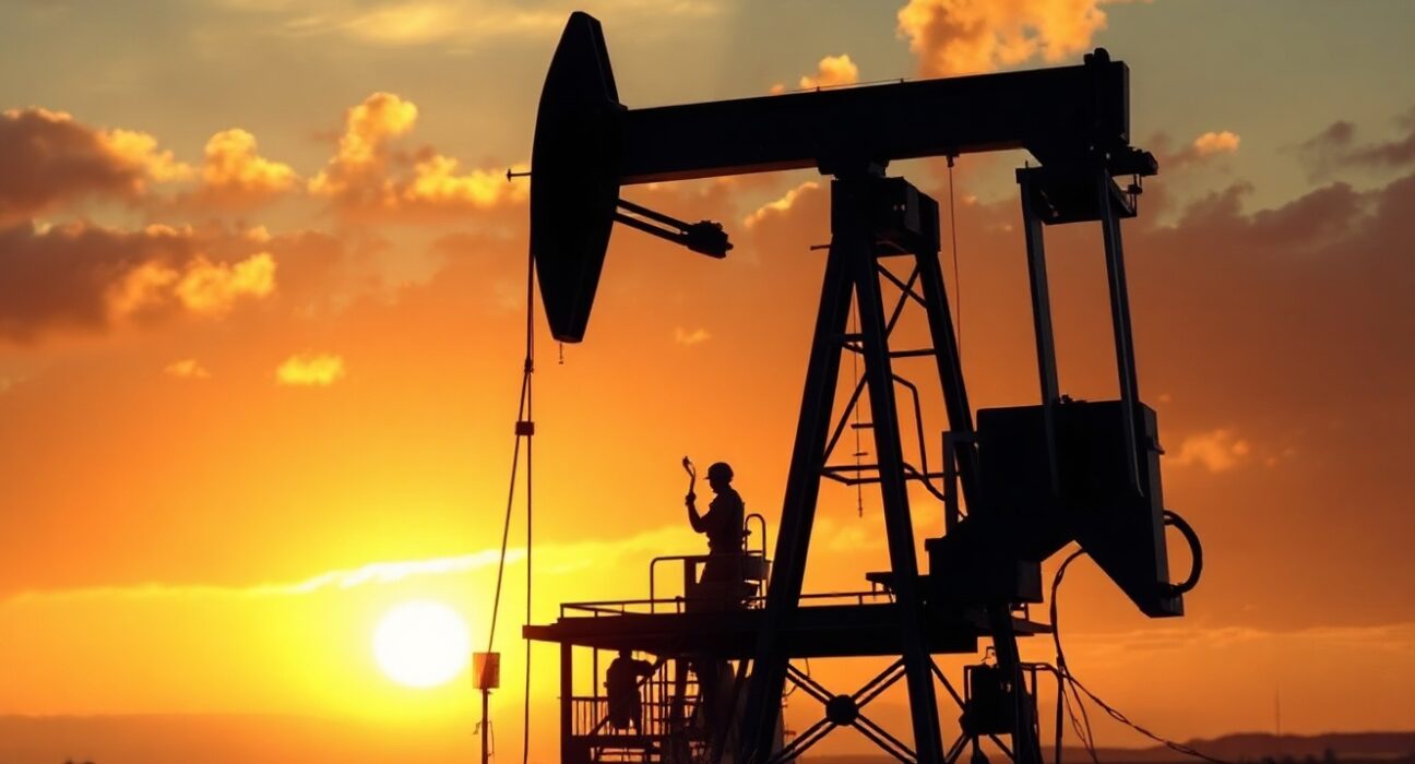Oil pumpjack silhouetted against smoky sunset sky representing geopolitical tensions and energy market uncertainty.