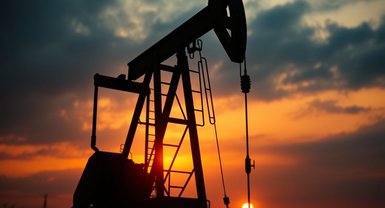 Oil pumpjack silhouetted against sunset sky, symbolizing energy market volatility amid geopolitical conflict.