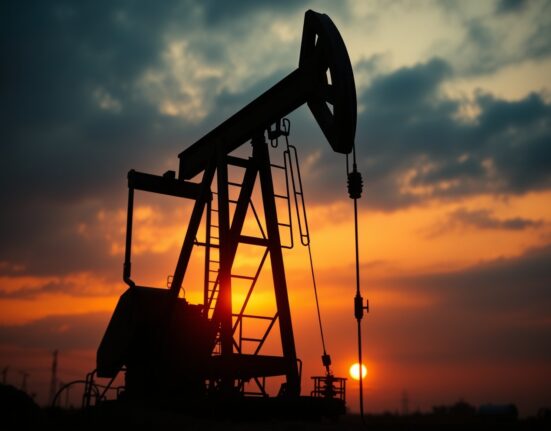 Oil pumpjack silhouetted against sunset sky, symbolizing energy market volatility amid geopolitical conflict.
