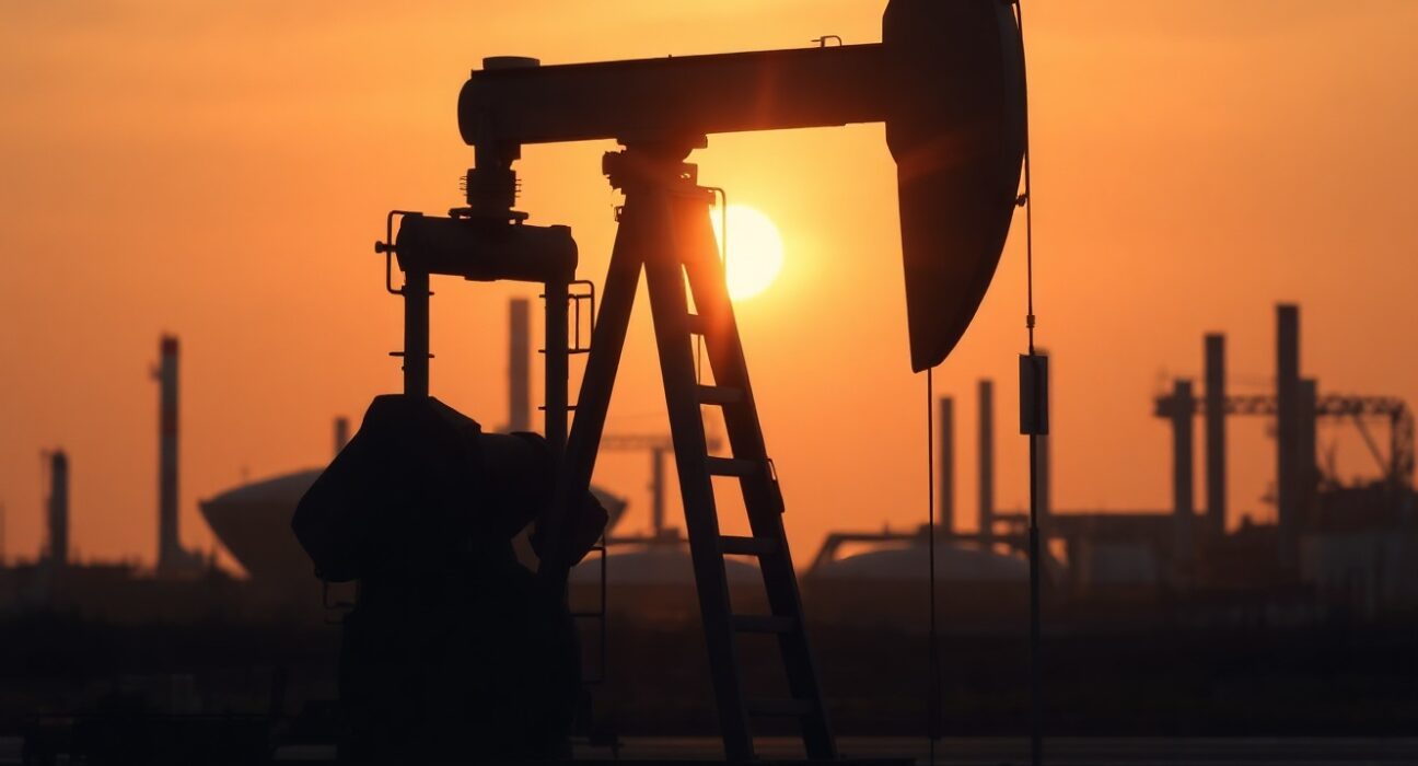 Oil pumpjack at sunset with refinery and city traffic background illustrating conflicting demand signals