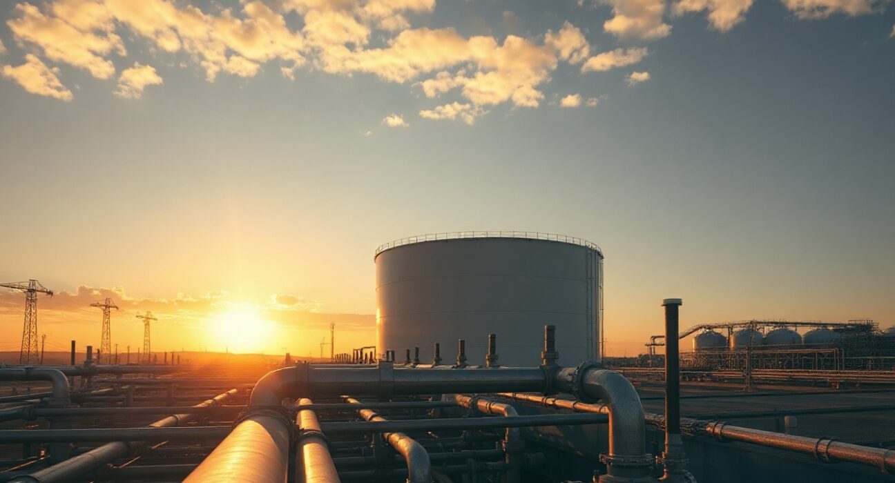 Aerial view of oil storage tanks at sunset, representing global crude supply and market volatility.