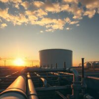 Aerial view of oil storage tanks at sunset, representing global crude supply and market volatility.