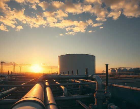 Aerial view of oil storage tanks at sunset, representing global crude supply and market volatility.
