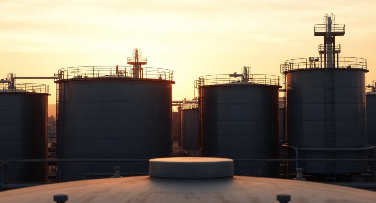 Crude oil storage tanks at an industrial facility during sunset