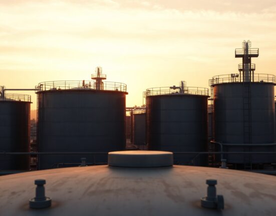 Crude oil storage tanks at an industrial facility during sunset