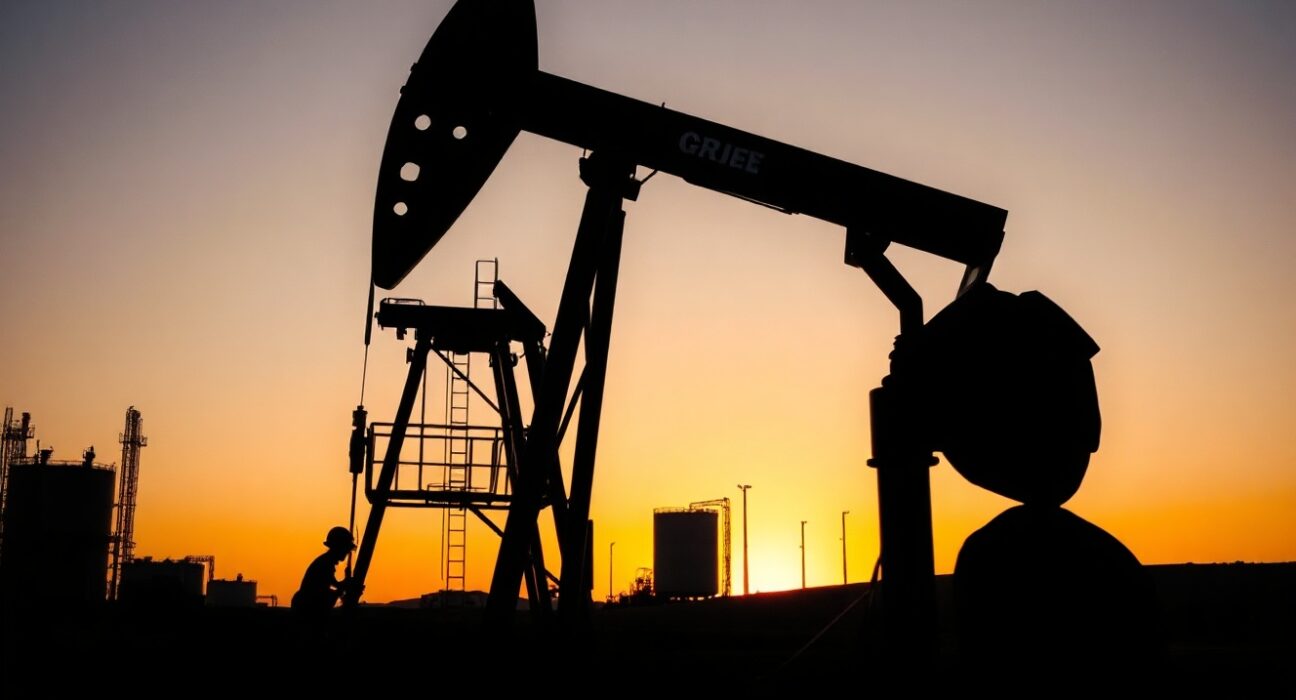 Oil pumpjack silhouetted at sunset, representing energy supply risks and market outlook.