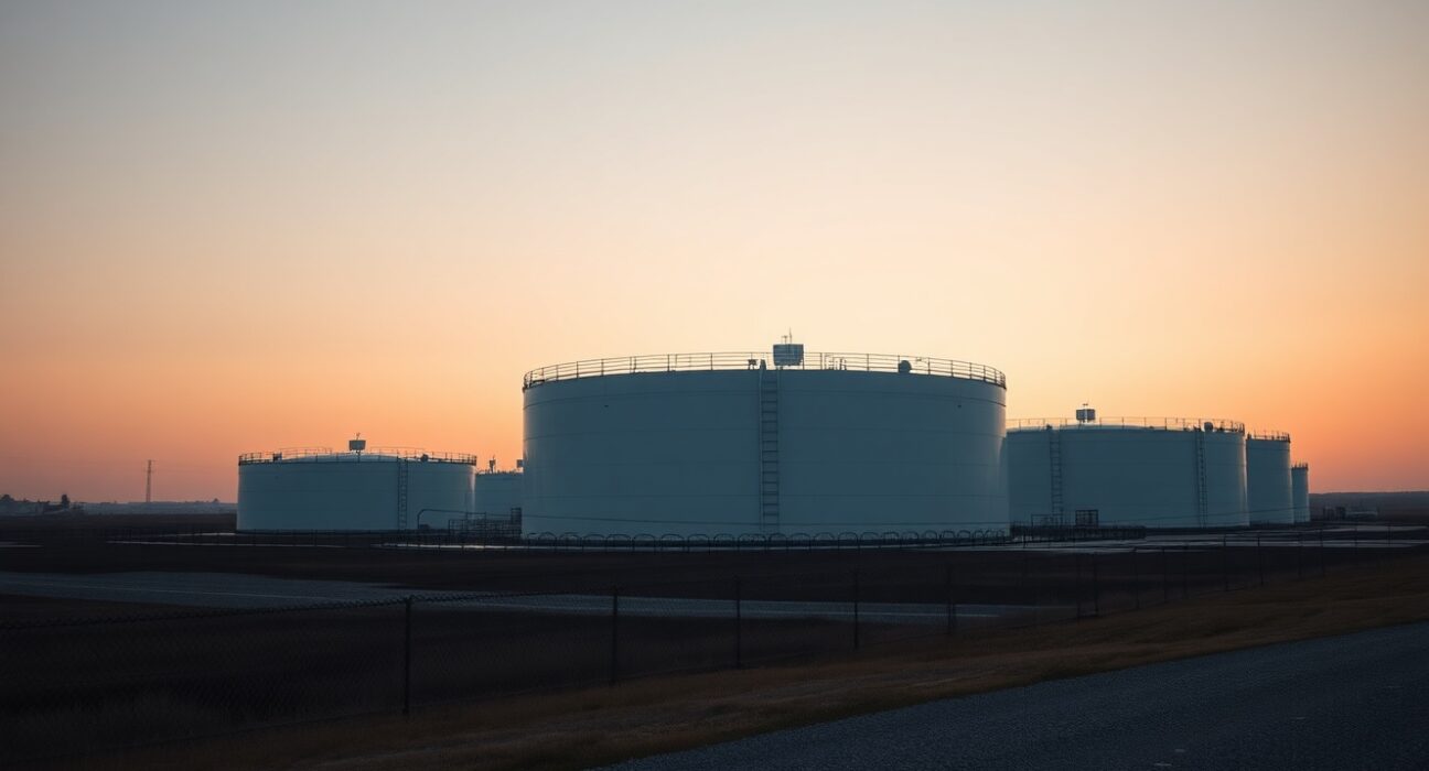 Oil storage tanks at an industrial facility under a cloudy sky, representing the current bearish oil market sentiment.