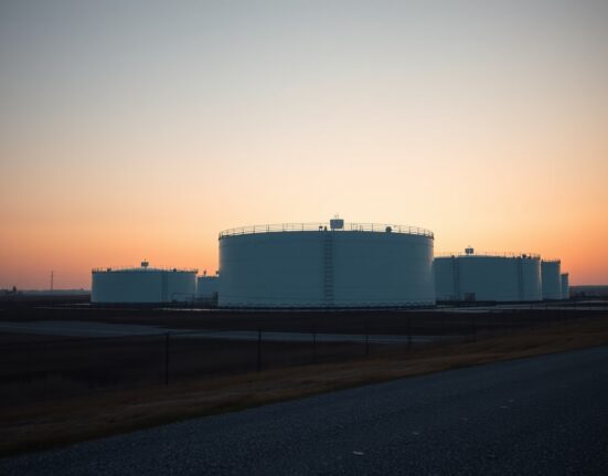 Oil storage tanks at an industrial facility under a cloudy sky, representing the current bearish oil market sentiment.